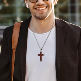 JewelryWe Men's Wooden Cross Necklace: Durable Stylish Stainless Steel & Wood Pendant for Christian Men