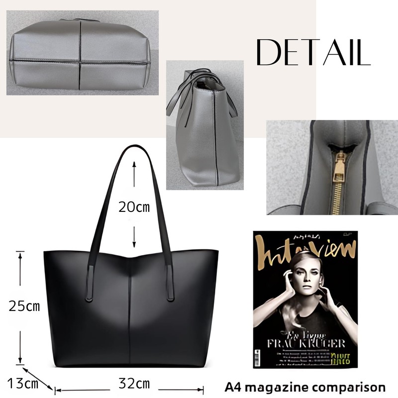 pokiele Tote Bag, PU Leather, Compatible with A4, Business, Casual,