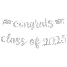 BEISHIDA Silver Congrats Class of 2025 Glitter Banner(NO-DIY),2024 Glitter Graduation Banners Party Decorations, Grad Congrats Class of 2025 Party Supplies,Garland for Congratulation Graduation Decor