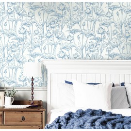 Vinjiasin Peel and Stick Wallpaper Blue Floral Wallpaper Removable Wallpaper Peel and Stick Self Adhesive Flower Leaf Contact Paper Lotus Wallpaper for Bathroom Bedroom Wall Covering 16.1"x 118"