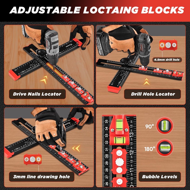 Saker 4-in-1 Drilling Positioning Ruler, Adjustable 13.78in Multifunctional T Square