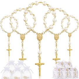 50 Packs Baptism Favors Set Baptism Rosary Acrylic Rosary Beads Faux Pearls with Organza Bags and Cross Baptism Favor Boxes with Ribbons for Christening Weddings Party Favors(Gold Pearl Bracelet)