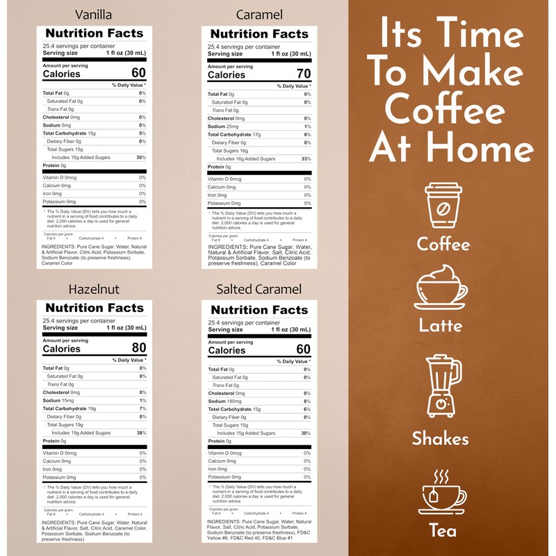 Syruvia Coffee Syrup Variety Pack Vanilla, Caramel, Hazelnut & Salted