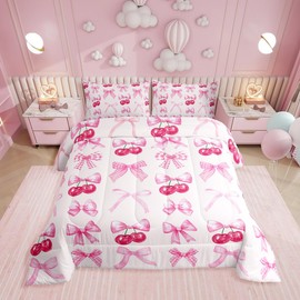 Erosebridal Pink Plaid Bow Bedding Comforter Sets Queen Cute Bowknot Comforter Set Girls Grids Ribbon Bow Cherry Bedding Set Kawaii Watercolor Duvet Insert for Kids Teen Women Room Decor 3 Pcs