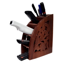 Purpledip Carved Wooden Remote Control Holder Organizer With 5 Slots (10933)