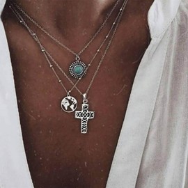 Iaceble Gothic Layered Turquoise Choker Necklace Silver Map Necklace Chain Cross Crucifix Pendent Necklace Filigree Cross Necklace Ethnic Turquoise Necklace Jewelry for Women