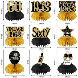 9Pcs 60th Birthday Decorations Honeycomb Centerpieces for Women Men, Black Gold Vintage 1963 Aged to Perfection Table Centerpiece Toppers Party Supplies, 60 Year Old Birthday Party Table Sign Decor