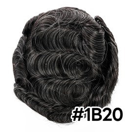 Generic French Lace Mens Toupee Poly Pu Around Toupee for Men Hair Piece European Human Hair Replacement System (1B20# Off Black with 20% Synthetic Grey, 7x9""-120% Medium Light to Medium Density)