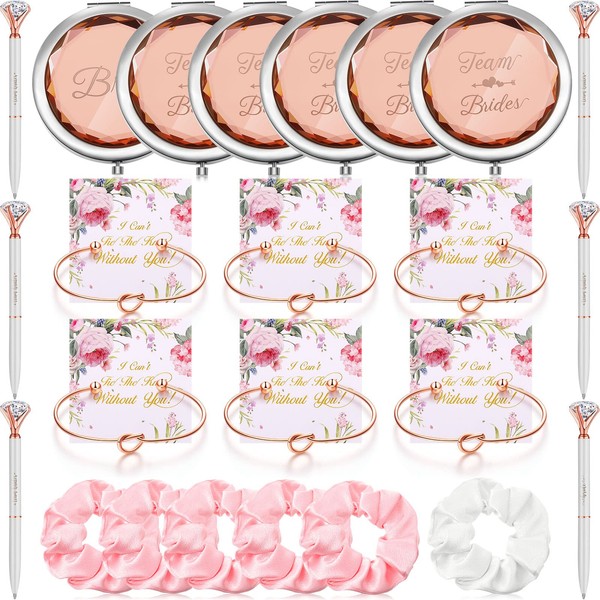 Pack of 30 Bridesmaids Marriage Proposal Gift Set 6 Bridal Makeup Mirrors and 6 Bridesmaids Love Knot Bracelets 6 Satin Hair Band 6 Diamond Pens with 6 Cards for Bridal Shower Party