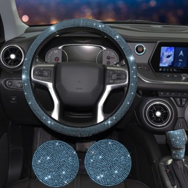 JINGSEN 11 Pcs Bling Car Accessories Set,Bling Car Accessories Set for Women, Bling Steering Wheel Cover for Women (Cyan)