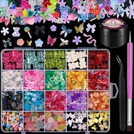 Sinyanail 3D Resin Nail Charms Mix Rabbit Flower Bear Bowknot Metal Alloy Butterfly Nail Charms Gummy Star Heart Lollipop Acrylic Hollow Beads with Nail Charm Glue and Pickup Tools(20 with Glue)