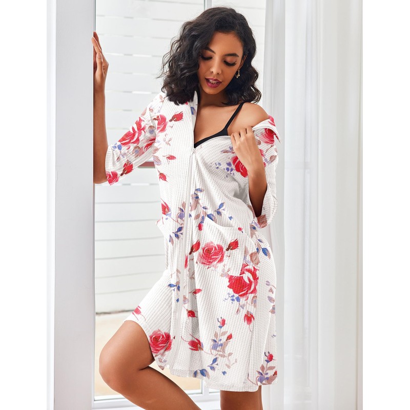 Ekouaer Zipper Robes for Women Waffle Knit Bathrobes Short Lightweight