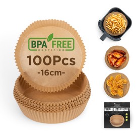 MasterPRO Foodies Baking Paper for Hot Air Fryer, BPA-Free, Set of 100 Round 16 cm Paper Cases for Air Fryer with 3-4.5 L Basket, Unbleached, Ideal Accessory for AirFryer