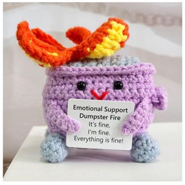 Emotional Support Crochet Dumpster Fire with Positive Card Cute Room Decor Knitted Toys Funny Crochet Support Buddies Gifts for Friends (Purple)