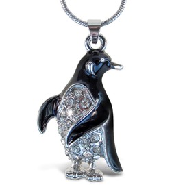 Puzzled Silver Penguin Necklace - Charming Silver Detailed Necklace with Sparkling Rhinestone Crystal Penguin Charm, Cute Jewelry Pendant Necklace Accessory with Long Silver Chain - 18 Inches