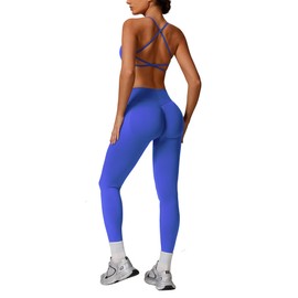 ABOCIW Workout Sets for Women 2 Piece Seamless Backless Sports Bra Scrunch Butt Lifting High Waist Leggings Gym Set Electric Blue Medium