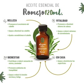 OLEUM VITAE Aceite Esencial de Romero 120ml. Rosmarinus Officinalis 100% Puro y Orgánico. Hecho en India Certificado USDA ORGANIC Aplicación Interno Externo y Aromático