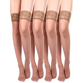 Boao 4 Pairs Women Thigh High Stocking Silicone Lace Top Stockings Silky Stocking Tights for Women(Medium,Coffee)
