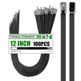MasiStranth Metal Zip Ties 100 Pack 12 Inch, 304 Stainless Steel 300LBS Heavy Duty Zip Ties Black - Self-Locking Cable Ties for Exhaust Wrap，Chain Link Fence Parts, Outdoor Farms,Pipes