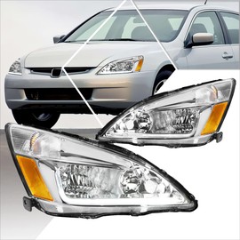 PM PERFORMOTOR Headlights Assembly Compatible with 2003-2007 Honda Accord, Pair of Headlamps with LED DRL, Chrome Housing/Amber Corner
