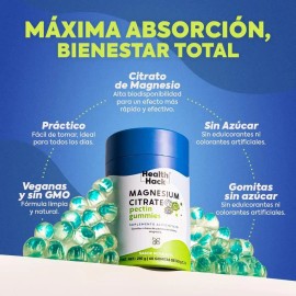 Citrato de Magnesio en Gomitas, 400 mg de Magnesio Elemental como Citrato por Porción, Sabor Mora Azul, Sin Azúcar, Suplemento Vegano Sin Gluten ni Colorantes Artificiales, 60 Gomitas Health Hack