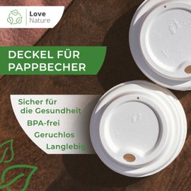 Love Nature Lid for paper cups, 300 ml, pack of 50, diameter 90 mm, lids for disposable coffee cups to go, white sugar cane lids for disposable cups