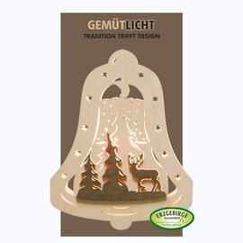 WEIGLA - Fensterbild original Erzgebirge Glocke Waldmotiv I Weihnachtsdeko Fenster I 1 Lampe I 7 W, E14 I Fensterbild Weihnachten I Weihnachtsbeleuchtung aus Holz I Fensterdeko hängend