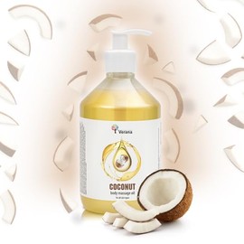 Verana Massageöl Kokosnuss, 100% Naturkosmetik, BIO, Vegan, Stellt Festigkeit und Elastizität wieder her, zur Vorbeugung von Schwangerschaftsstreifen, Reduziert Falten, Verjüngung (500 ml)