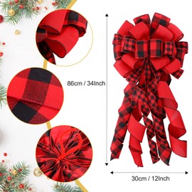 Christmas Tree Topper Bow Buffalo Plaid Christmas Tree Topper Xmas Decor Rustic Tree Toppers Large Outdoor Bows Ribbon Tree Topper with Xmas Plaid Tree Skirt Ornament (Red and Black)