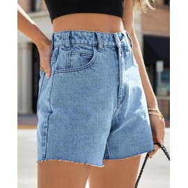 Flvsun Womens High Waist Jean Shorts Wide Straight Leg Microelastic Long Denim Shorts (US, Alpha, Small, Regular, Regular, mid Blue)