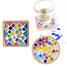 ACADOIT Glass Mosaic Tiles Coaster Bamboo Crafts for Adults Kid、Mixed Color Materials Package 2 Pieces Kit Home Decoration Gift (2-Mixed Color)