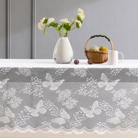HLC.ME Butterfly Floral Lace Fabric Tablecloth, Lace Fabric Table Cloth for Rectangle Tables, Wrinkle Resistant Tablecloth, Patterned Scalloped Tablecloth (54 W x 72 L, White)