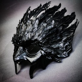 Masquerade Dark Raven Demon Masquerade Mask with Black Feather Crown and Gothic Beak