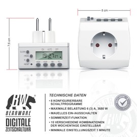 2 x Digital Timer – Weekly Digital Timer – Accurate to the Minute – LCD Display – 3680 W – 8 Configurable Switching Programmes Weekly Daily Minute Program – German Instructions