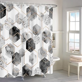 Renaiss 72x72 Inches Black and Gray Geometric Shower Curtain Modern Abstract Golden Cubic Lines Grid Pattern Minimalist Fabric Shower Curtain Sets for Bathroom Decor Waterproof Polyester with Hooks