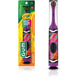 GUM Crayola Power Toothbrush for Kids, Extra Soft Bristled Toddler Toothbrushes, Travel Cap + Suction Cup Base, Batteries Included, 1ct