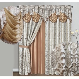 GOHD Samba Star. Jacquard Window Curtain Panel Drape with Attached Fancy Valance and Taffeta Backing. 2pcs Set. Each pc 54" Wide x 90" Drop with 18" Valance. (Sand)