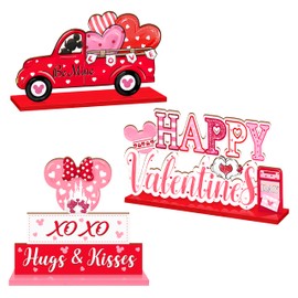 3Pcs Valentines Day Wooden Table Decorations, Mouse Shaped Be Mine Truck Sign, Happy Valentines Day Tabletop Centerpieces, Red Pink Love Hearts Decoration for Home, Party, Anniversary, Wedding