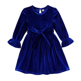 JEELLIGULAR Toddler Baby Girl Dress Long Sleeve Fall Winter Velvet Crew Neck Dresses for Littler Girls Kids Princess Party Dress(Sapphire Blue,4-5T)