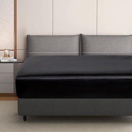 Luowei Fitted Sheet 180 x 200 cm Black Satin Silk Shiny Bed Sheet Comfortable Luxurious Plain Fitted Sheet for High Mattress up to 25-30 cm