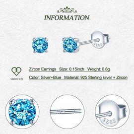 MOOFUN 4 mm Cubic Zirconia Stud Earrings Women's Earrings 925 Silver Earring Rose Gold/Silver/Gold/Black First Stud Earrings for Mum Girlfriend Girls Sister Women Gift Birthday Gift, Sterling Silver