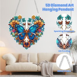 MOGTAA Butterfly Diamond Art Hanging Kits for Adults Beginners, 5D Special Shape Diamond Art Pendent Kits, Crystal Rhinestones Flowers Diamond Painting Gem Art for Home Decor