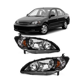 Compatible with 04 05 Honda Civic 2/4dr Headlamp for 2004 2005 Honda Civic Headlights Assembly with Black Housing Amber Reflector Replacement Left & Right Side