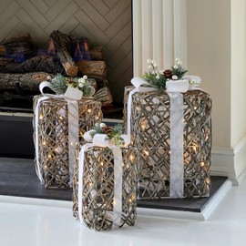 Seasonal LLC Artificial Rattan Giftbox Set Pre-Lit Set of 3 | LED Lights are Energy-efficient and Long Lasting | for Indoor or Outdoor Display