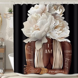 MESHELLY African American Shower Curtain 72Wx72H Black Girl Vintage Floral Woman Queen Curtain for Bathroom Bathtub Peony Rose Quotes Bath Curtain Cloth Fabric Bathroom Accessories Decor with 12 Hooks