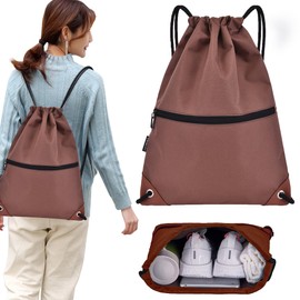 CINY Waterproof Drawstring Gym Bag, Backpack, Sports Bags for Men and Women with Zipper, Waterproof Drawstring Bag for Sports, Beach, Swimming, Hiking, brown