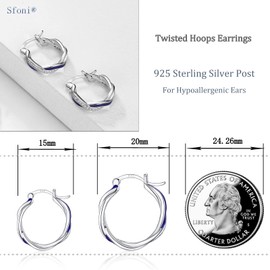 Sfoni Silver Hoop Earrings for Women, 925 Sterling Silver Twist Hoop Earrings Hypoallergenic Small Sleeper Hoop Earrings Lightweight Cubic Zirconia Huggie Hoop Earrings Gifts, 20mm Black Hoops