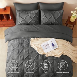 CozyLux Dark Grey Comforter King Size - 7 Pieces King Size Comforter Set Pintuck Bed in A Bag Gray Pinch Pleat Bedding Sets with All Season Comforter, Flat Sheet, Fitted Sheet and Pillowcases & Shams