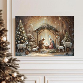 Christmas Nativity Canvas Painting Swaddled Baby Savior Praying Holy Man and Woman Humble Sheep Manger Scene Quiet Night Suitable for Teenagers Home Bedroom Living Room Study Wall Art Decoration