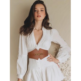 Hermoli Leather Wied Elastic Corset Waist Belt, Tied Waspie,Vintage for Dresses Accessories (Brown White)